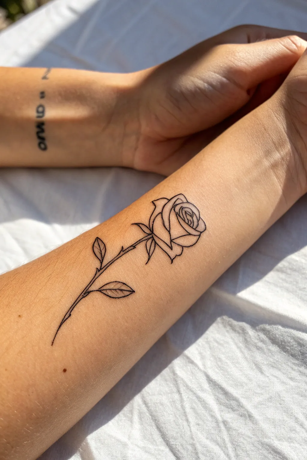 Fine-line rose outline tattoo on wrist: airy, minimalist, and beautifully delicate.