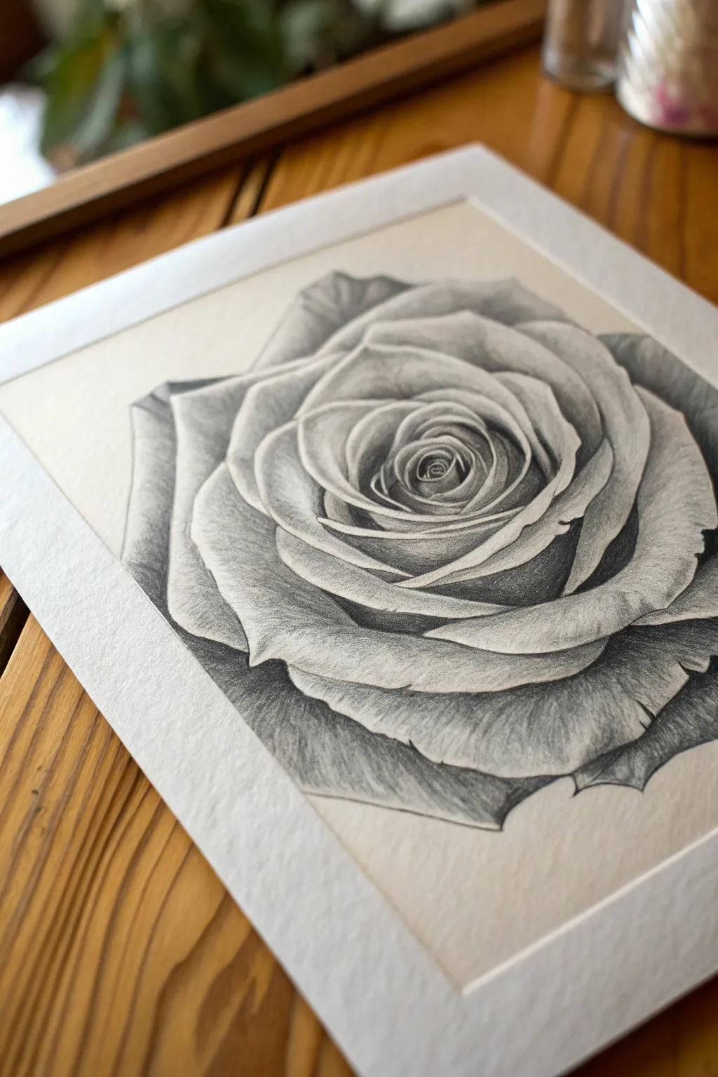 Half-bloom rose sketch with curling outer petals and a tight spiral center, minimal and calm.