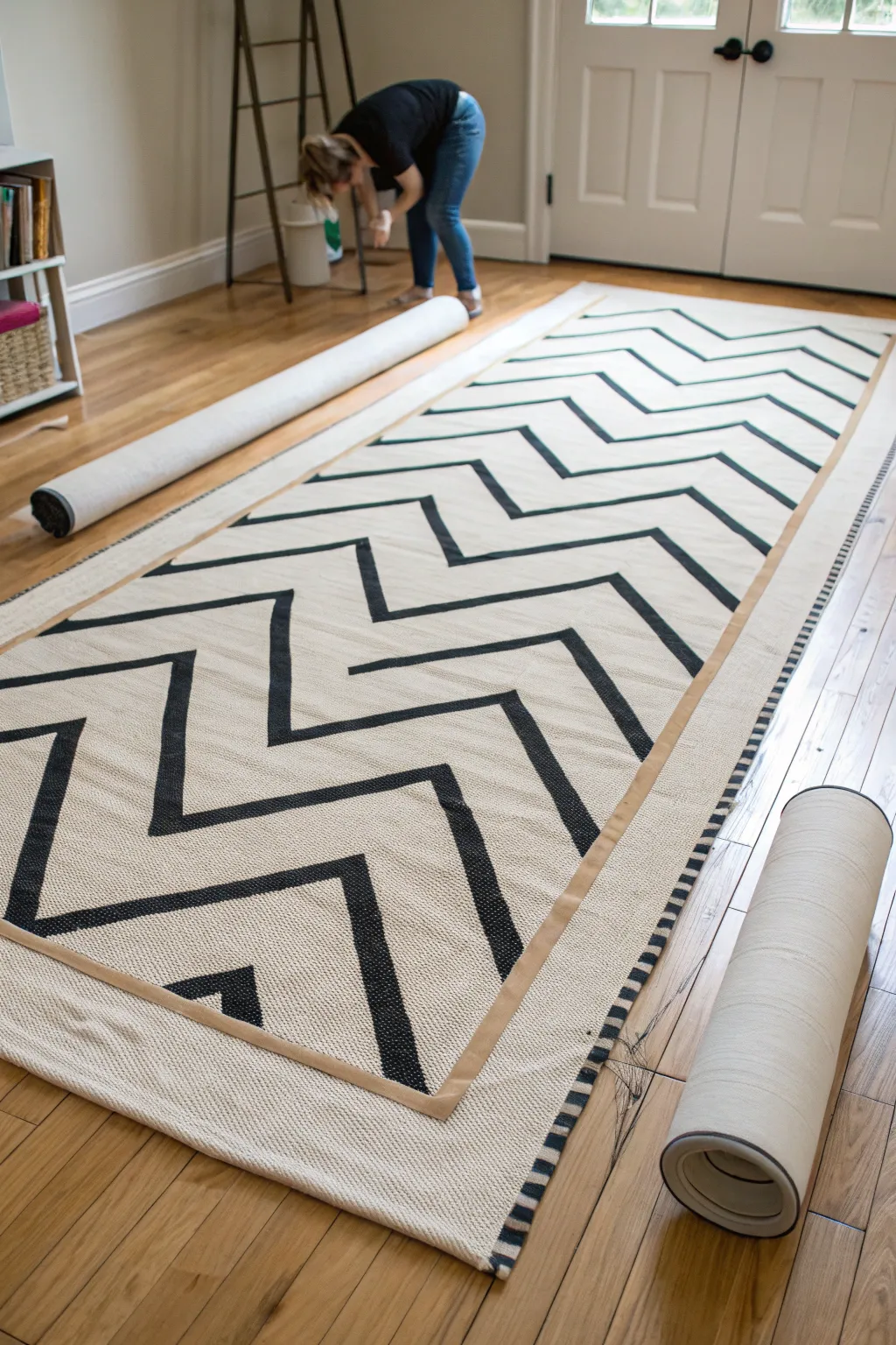 Crisp chevron rug painting in progress with taped zigzags and bold, high-contrast strokes.