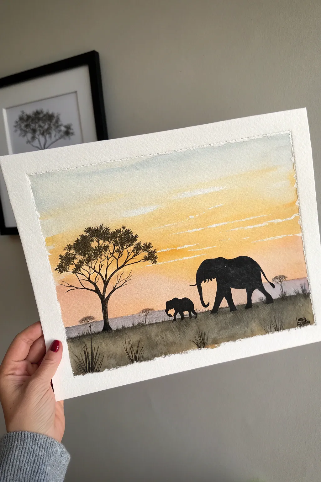Elephant herd at dusk in simple silhouette, sunset gradient sky, perfect for beginner painters.