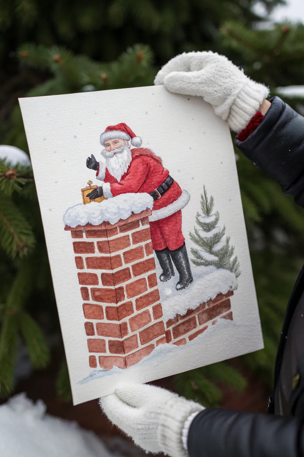 Santa halfway down the chimney, red suit popping against snowy bricks in cozy minimal style