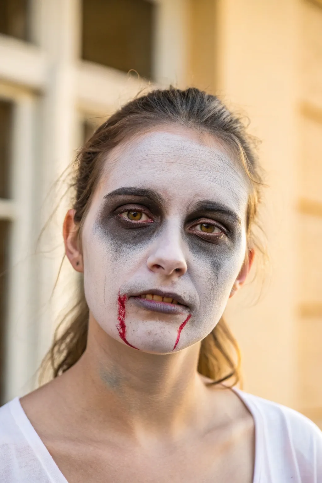 Quick zombie look: pale base, smudged eyes, and subtle fake blood for easy spooky impact.