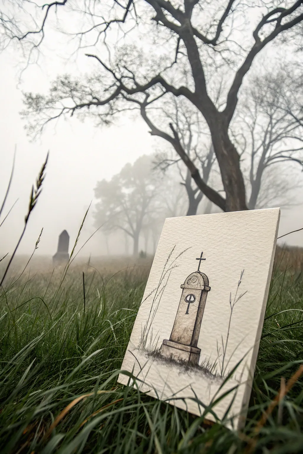 Moody foggy graveyard sketch: one tilted tombstone, bare trees, and deep misty contrast.
