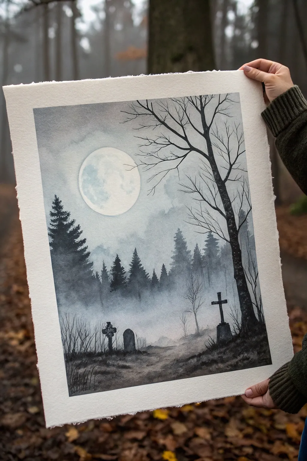Misty moonlit graveyard painting with fading tombstones and soft ghost shapes drifting in fog.