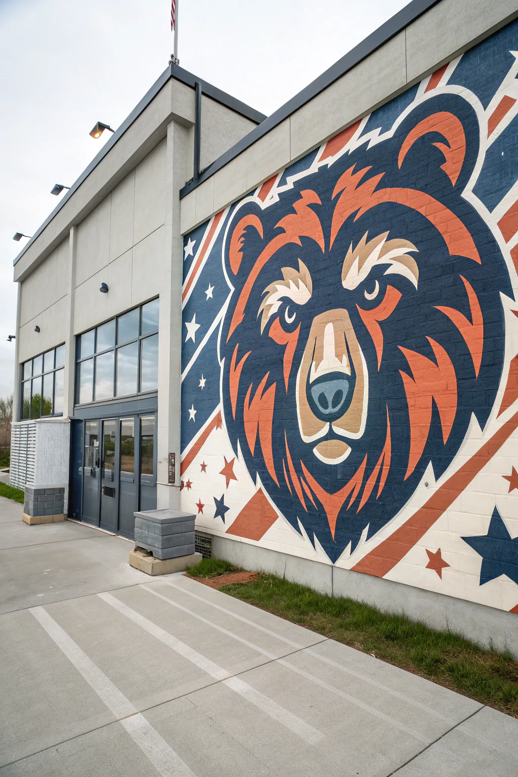 Bold mascot mural in school colors, clean patterns and crisp contrast for a proud entrance moment