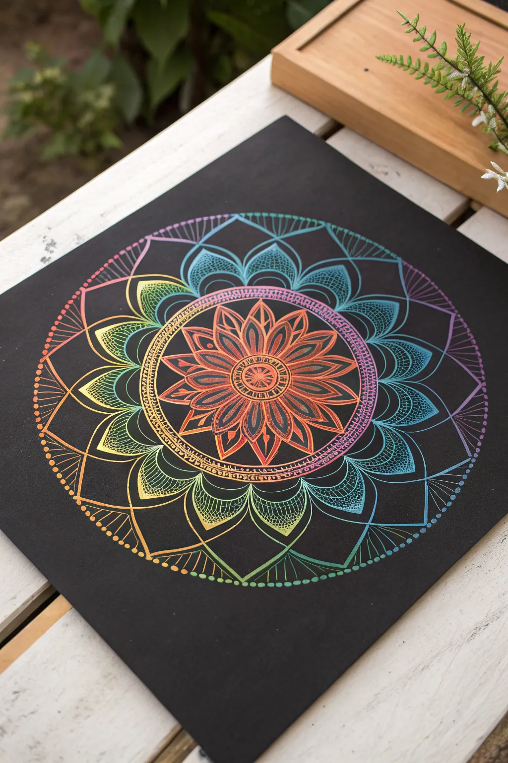Rainbow scratch art mandala with crisp symmetry and bold contrast for calm minimalist vibes.