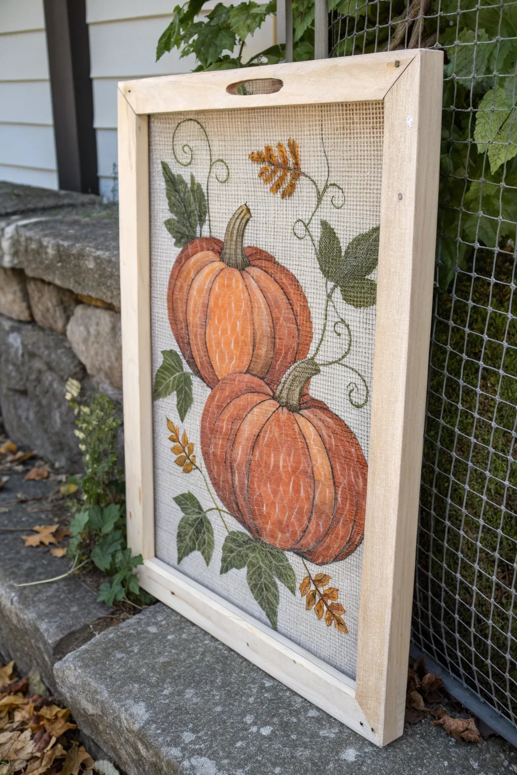 Classic pumpkins and curling vines on a screen for cozy fall porch-style decor.