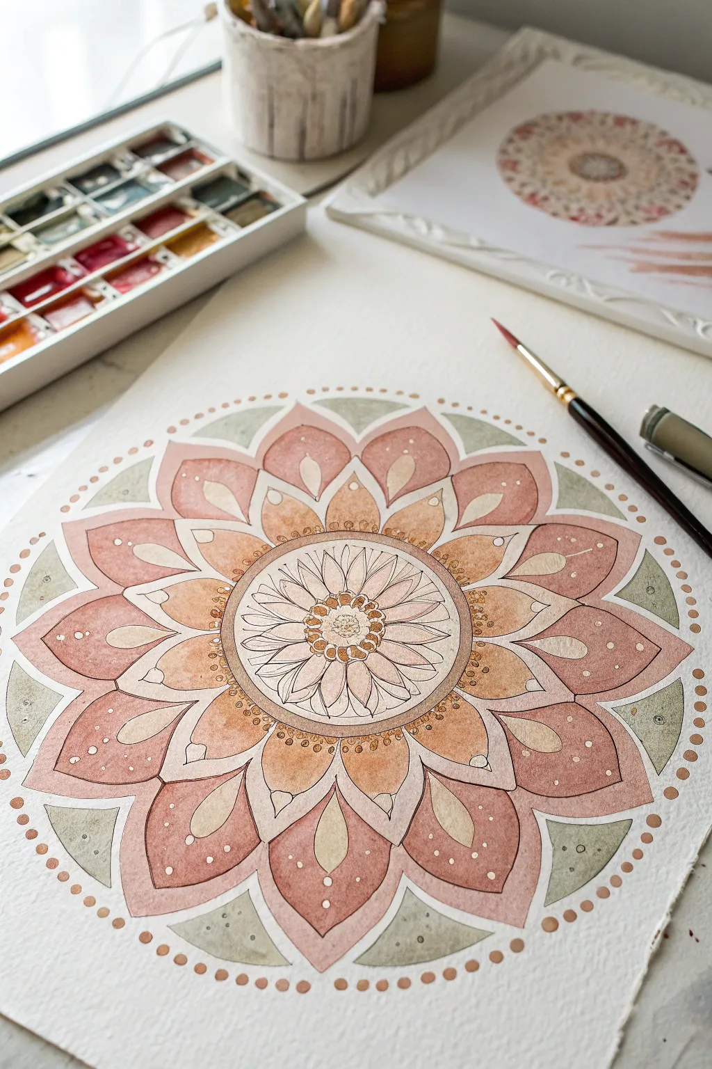 Soft watercolor mandala with airy white space, a calming self-care painting idea for focus