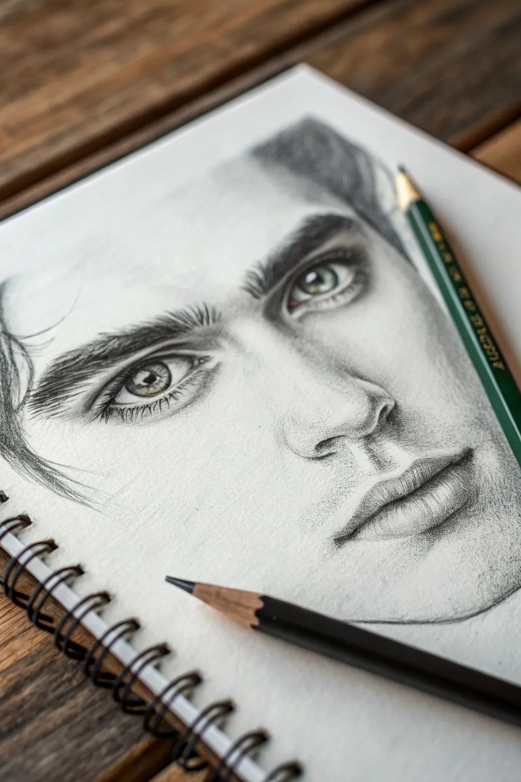 Intimate self-portrait eye study in crisp graphite, deep iris contrast, calm minimalist mood.