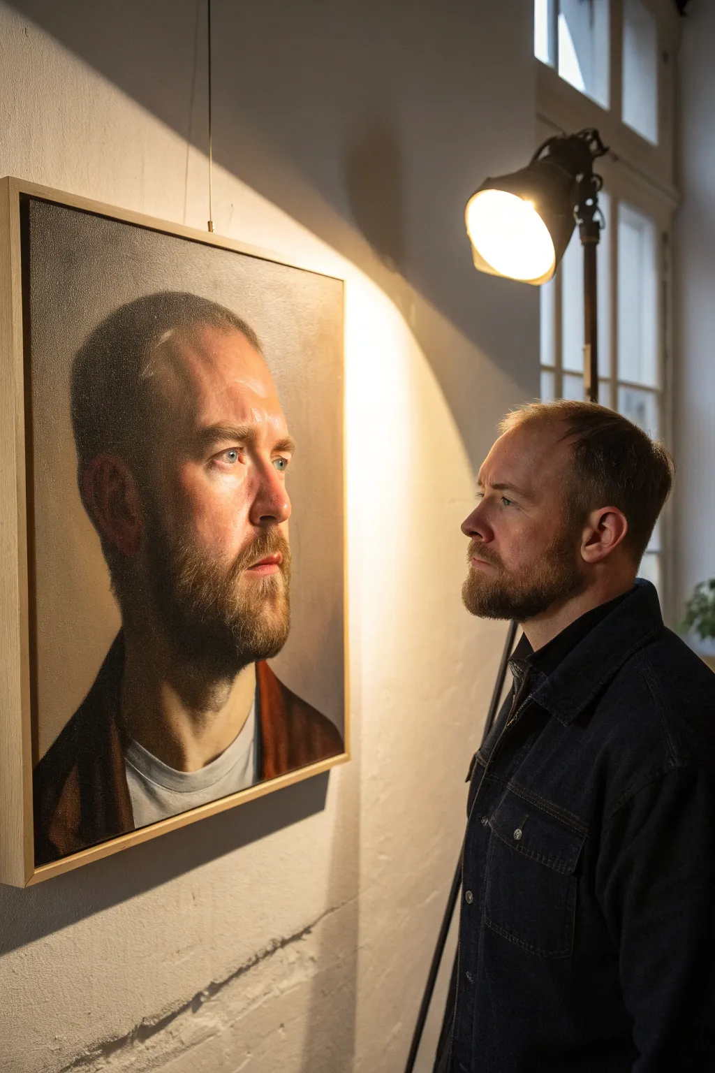 Moody self-portrait study: bold side light, deep shadow, minimalist studio calm with crisp chiaroscuro contrast.