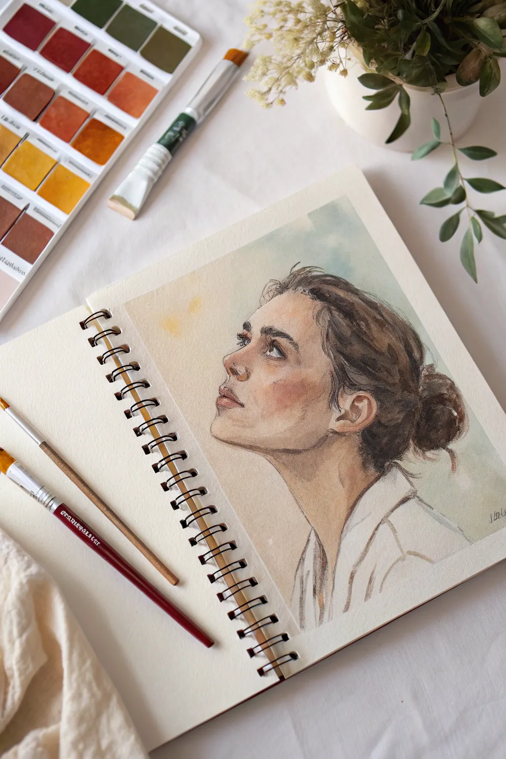 Limited palette painted self-portrait with clean swatches and confident brushstrokes in calm harmony