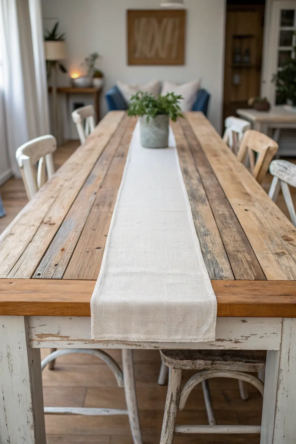 Whitewashed dining table with softly rubbed edges, linen runner, calm Scandinavian boho mood.