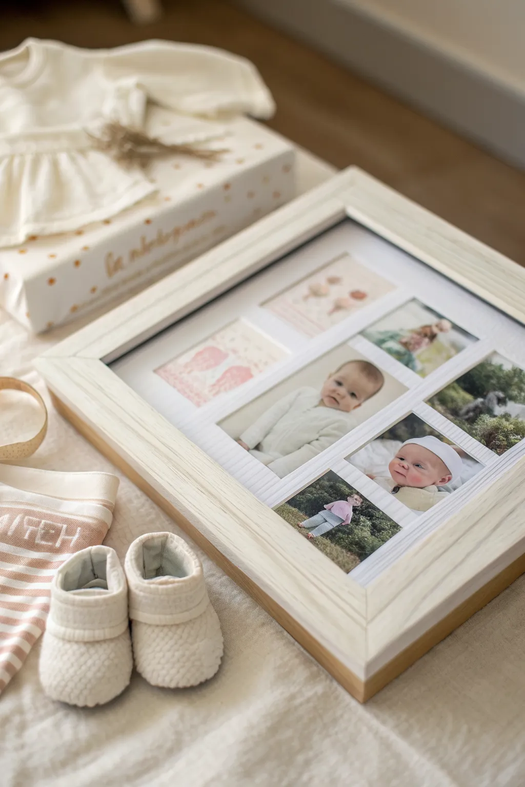 Minimalist baby keepsake shadow box with booties, wristband, and photo in soft layered neutrals