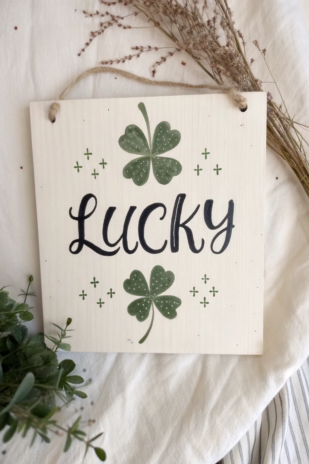 Minimalist shamrock sign with hand-lettered Lucky and tiny festive details in soft boho style