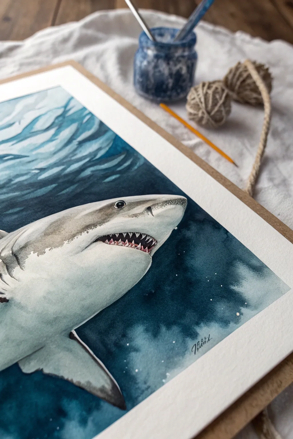 Dramatic head-on shark with crisp teeth highlights, minimalist watercolor vibe for bold ocean art.