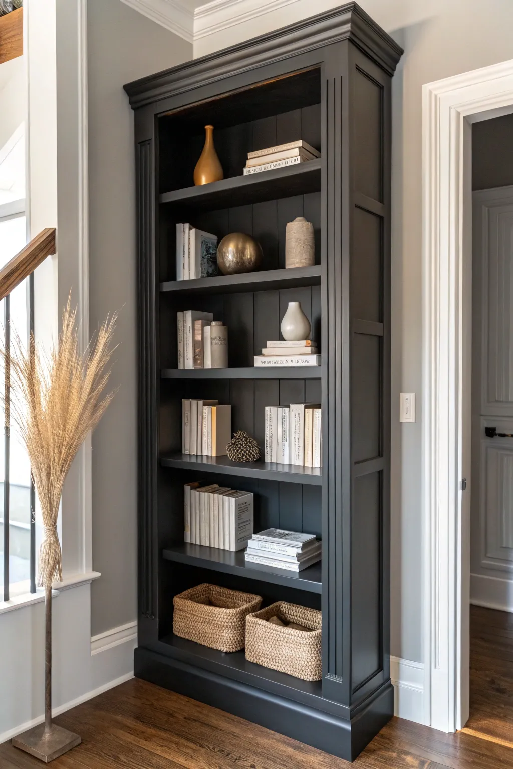 Moody charcoal shelves with warm glow for a cozy, library-inspired corner at home