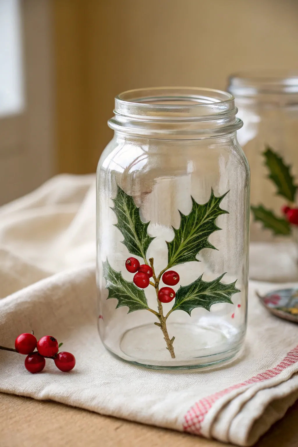 Minimal holly and berry corner accents on a glass jar for an elegant, easy Christmas paint idea