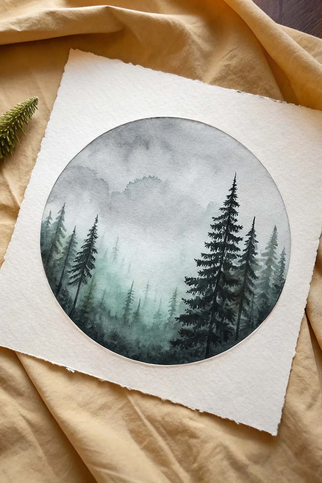 Capture the misty forest mood with this elegant circular pine tree skyline painting.