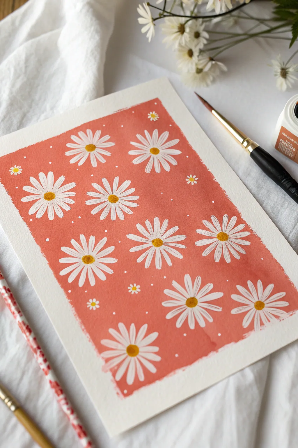 Cute daisy dot painting on a bold solid background, minimalist and beginner friendly.