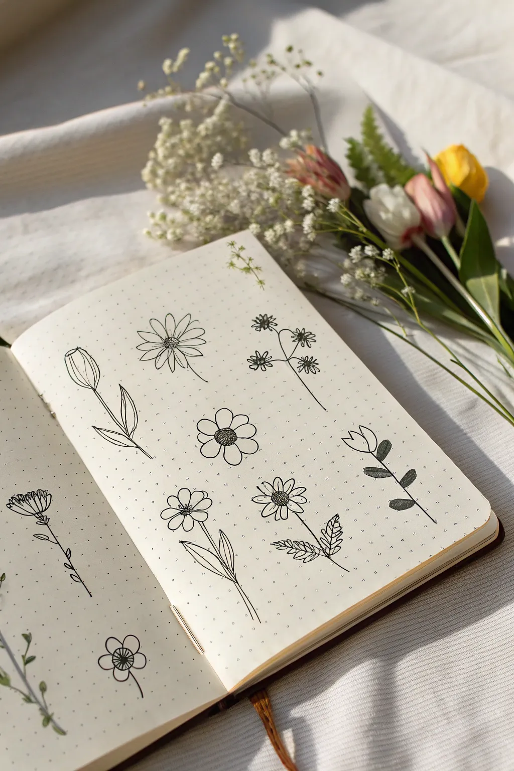 Easy flower minis: a clean grid of tiny daisy and tulip doodles to copy in minutes