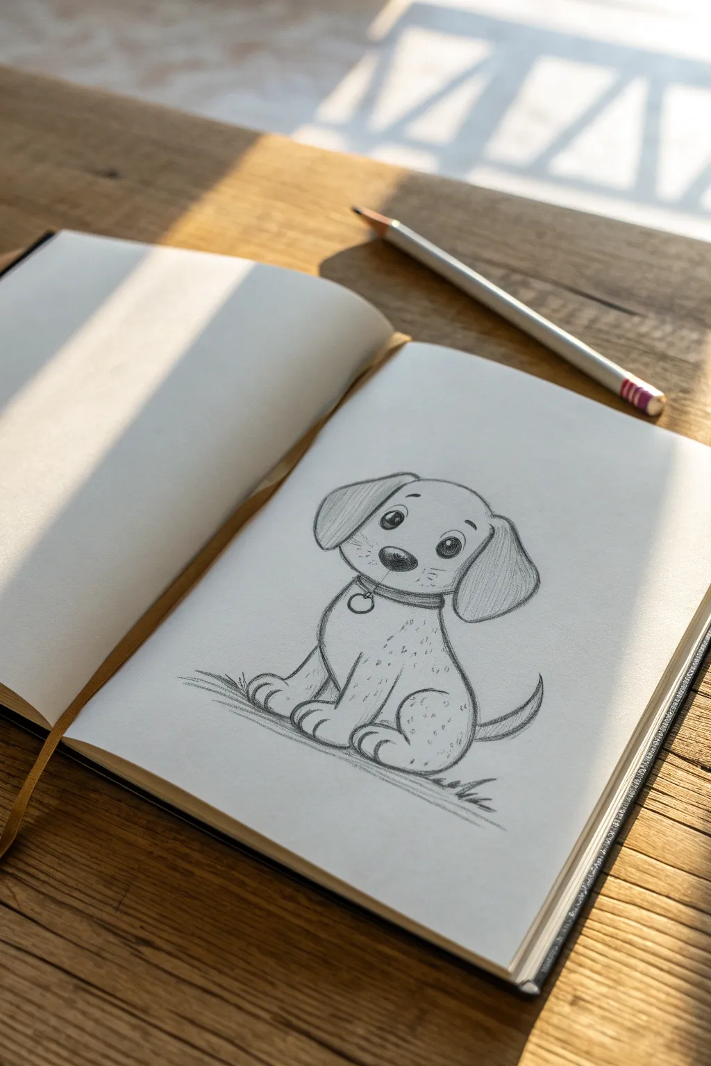 Quick floppy-eared puppy sketch made from simple shapes, clean minimal style with visible pencil lines.