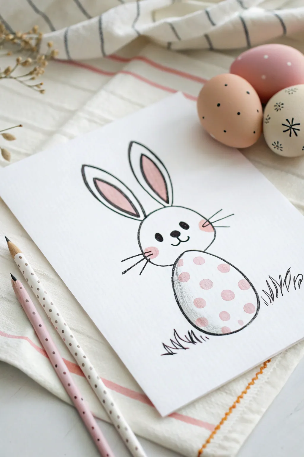 Easy Easter sketch: floppy-eared bunny with a sweet blush, sitting beside a patterned egg