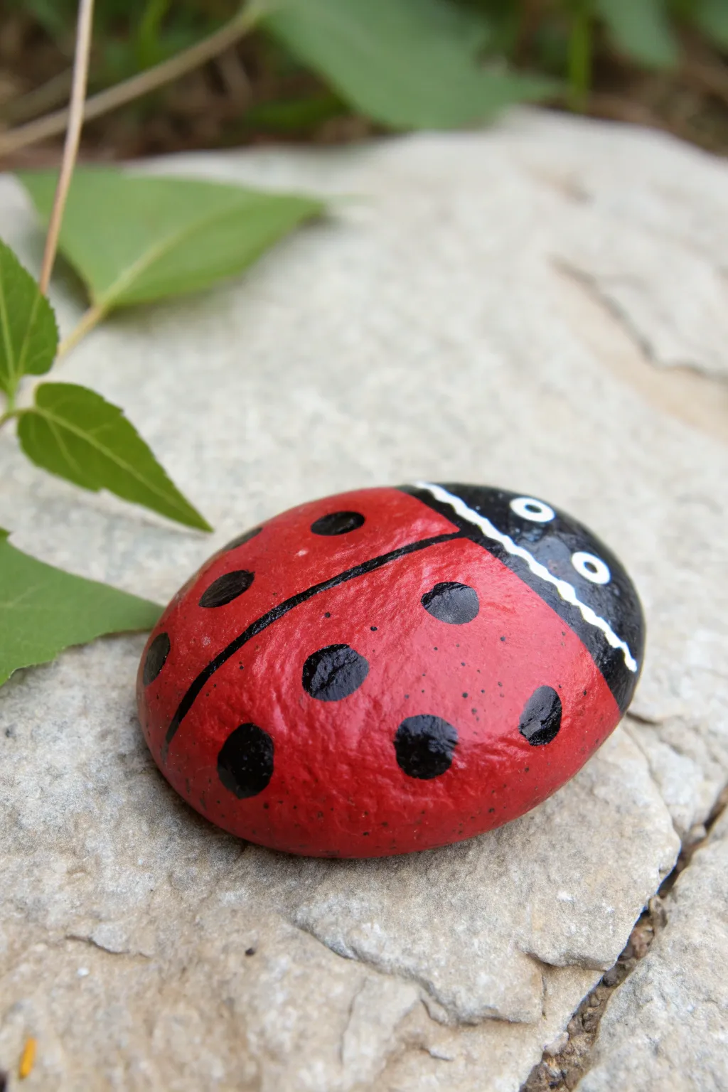 Easy ladybug rock painting idea: simple dots and line, styled in a fresh garden flat lay.