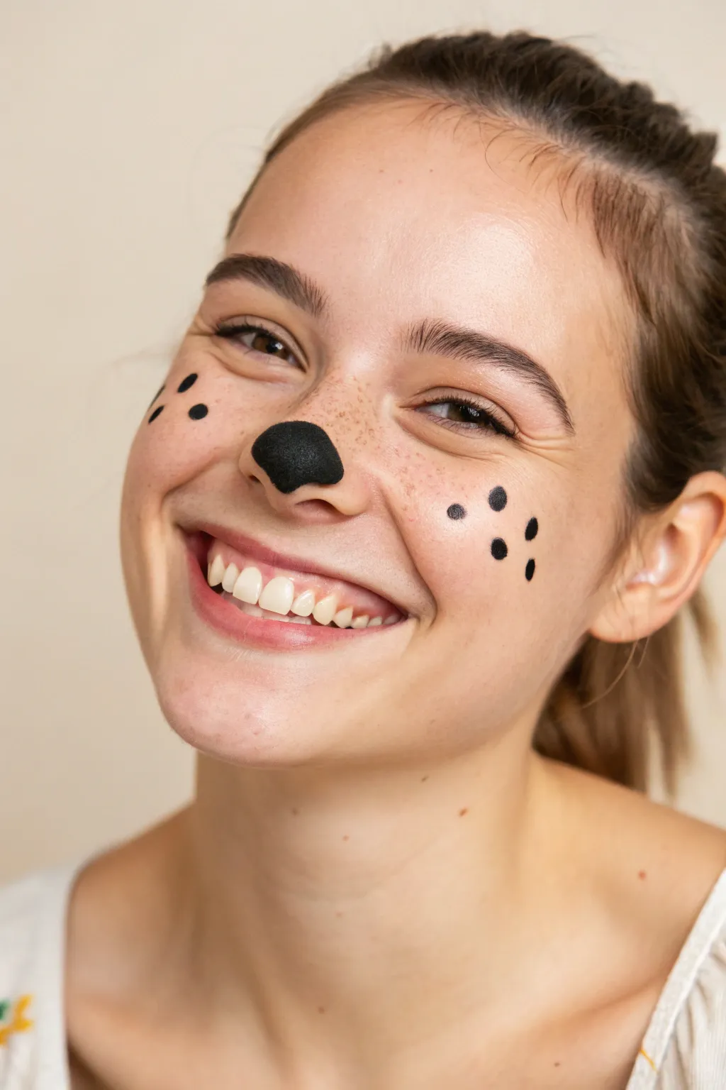 Quick puppy face paint: rounded black nose, tiny brow dots, and floppy cheek spots.