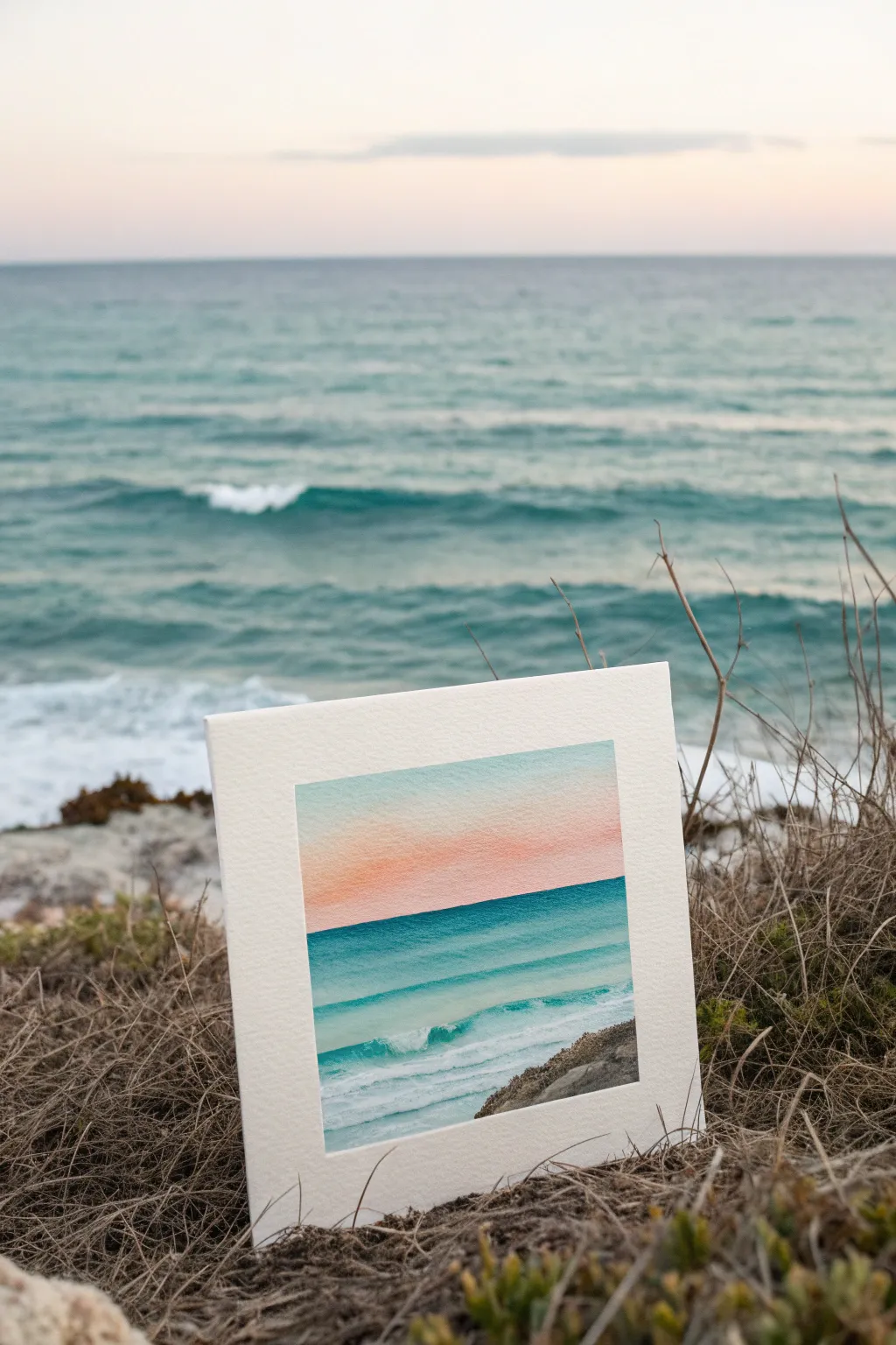 Paint a calm ocean horizon with bold color blocks and a few simple wave lines today.