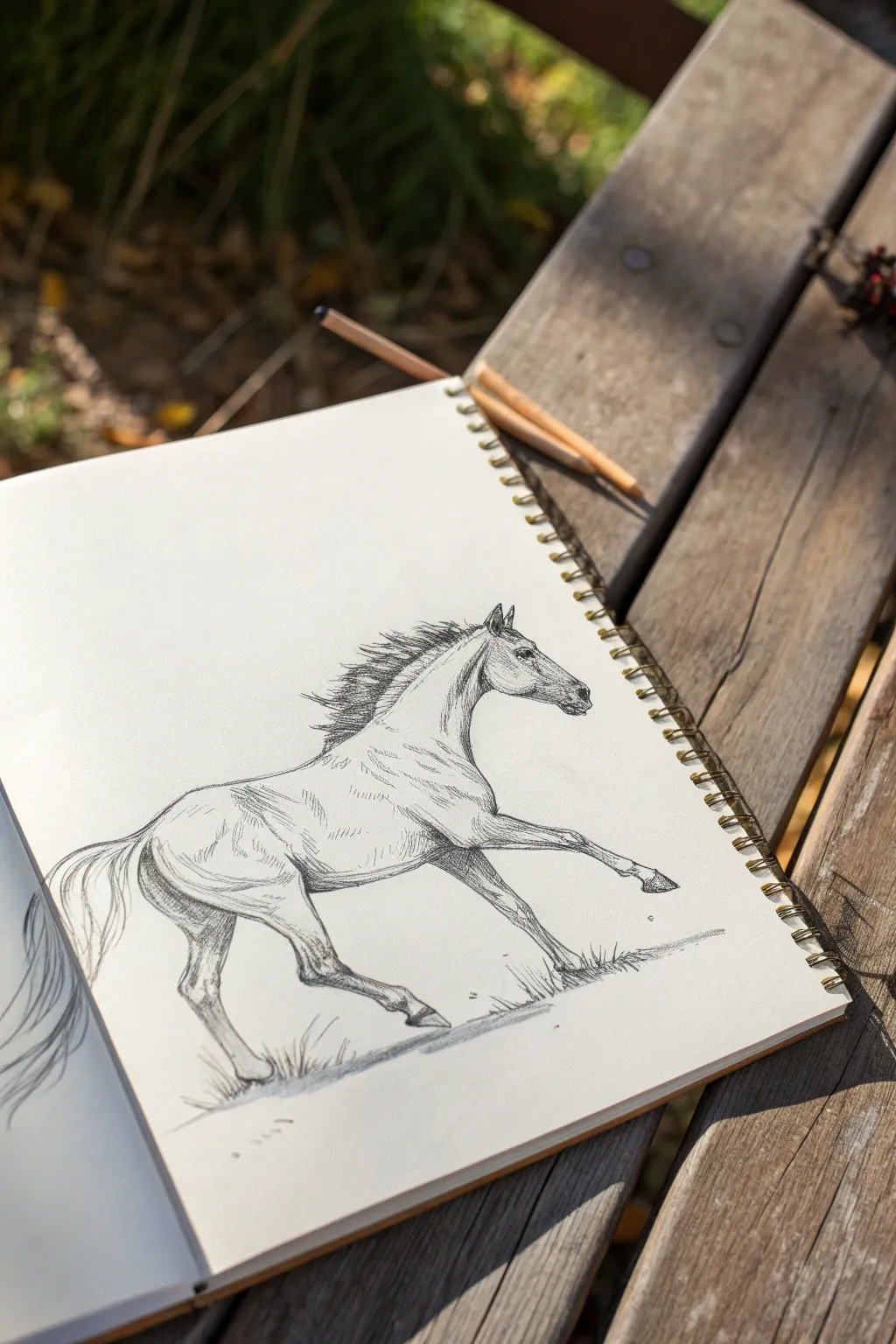 Horse gallop gesture sketch with bold accents and dust lines capturing pure motion