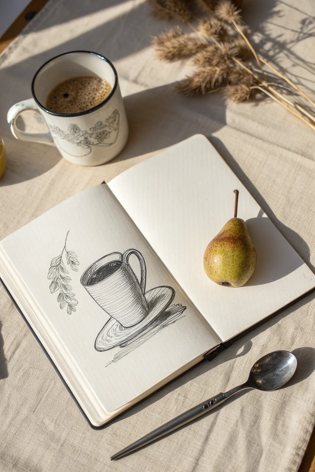 Simple still life sketch ideas: mug, fruit, and spoon with soft shadows and calm tones.