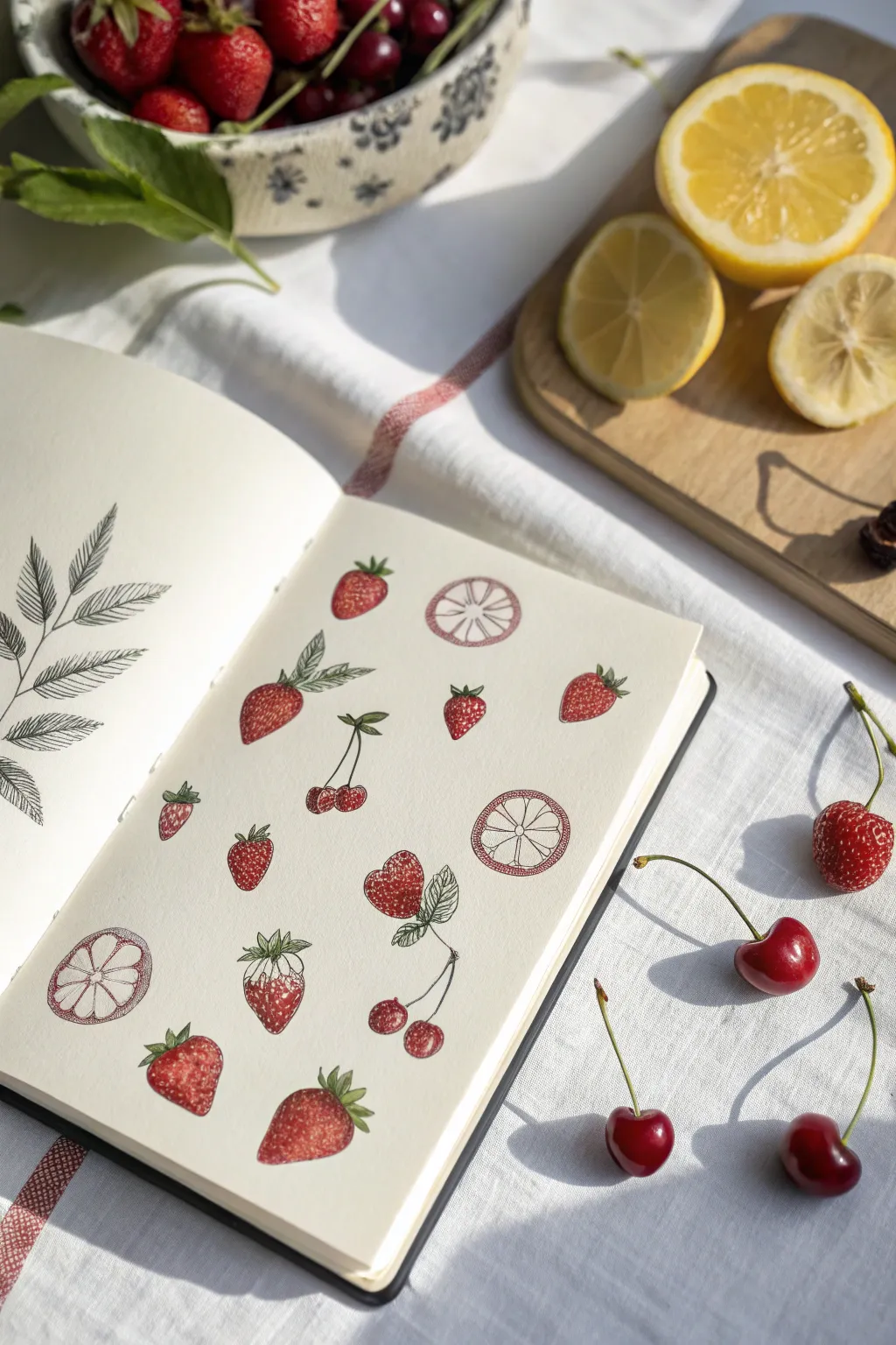 Cute mini fruit doodles scattered on a clean sketchbook page for easy sketchbook ideas