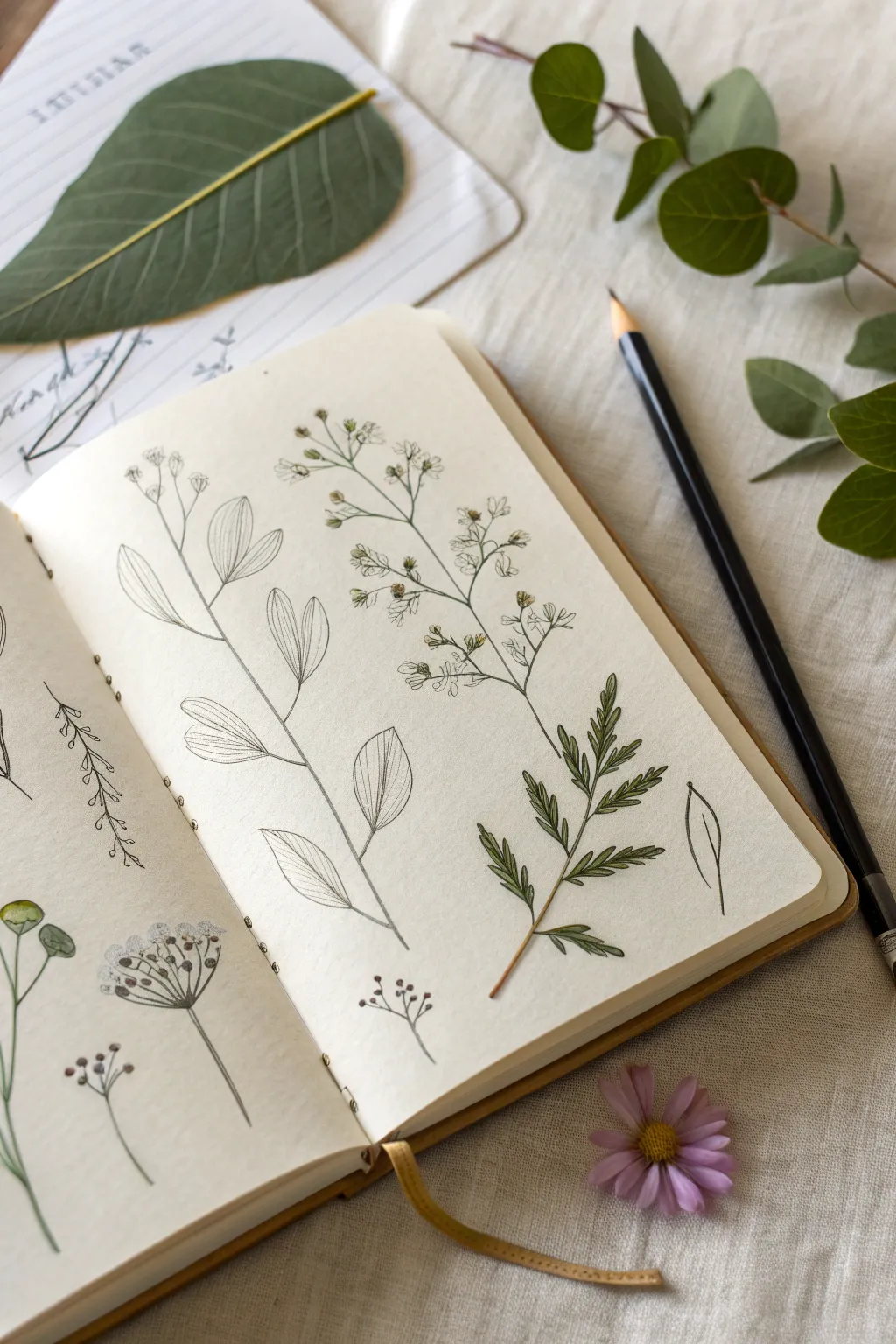 Botanical mini studies for sketchbook ideas, soft graphite and watercolor with a real leaf