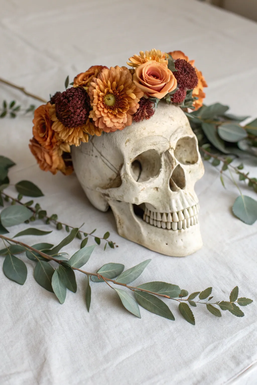 Minimal ivory skull with marigold crown and leafy garland in warm boho Scandinavian style