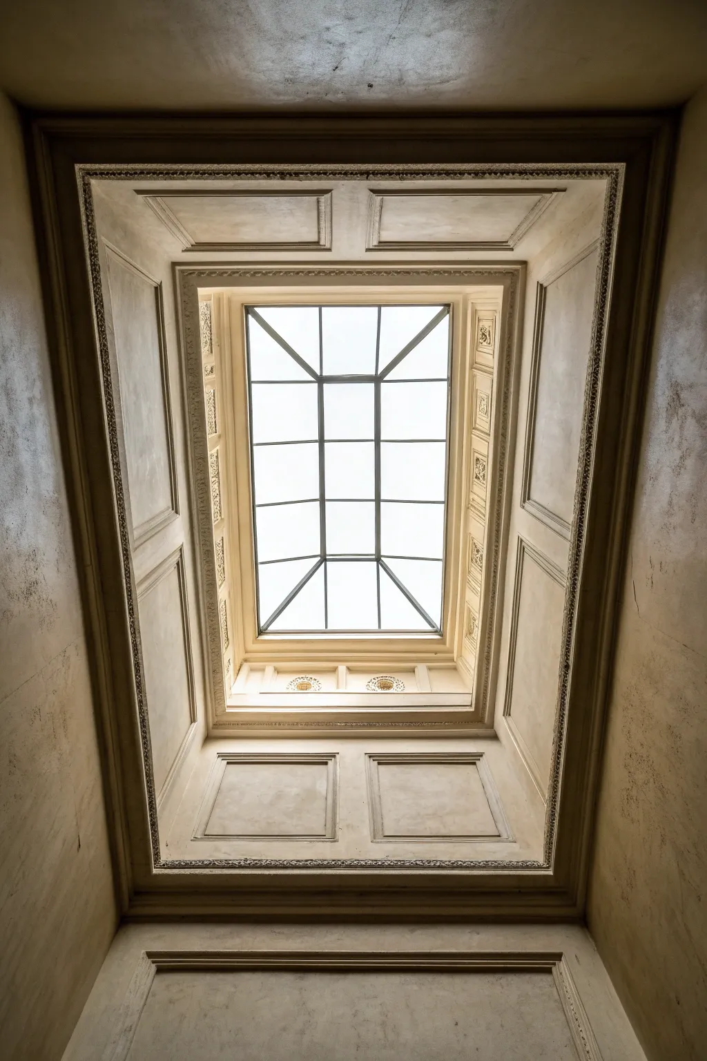 Monochrome wall color flowing up the skylight well for a calm, seamless ceiling moment.