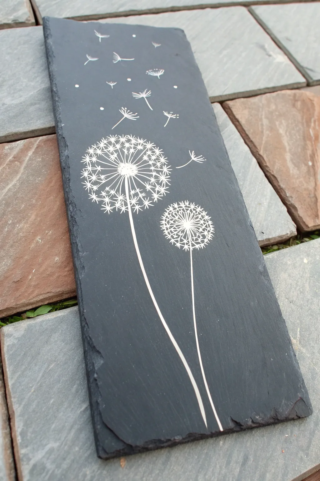 Easy white dandelion puff on dark slate, airy minimal design with drifting seeds and bold contrast