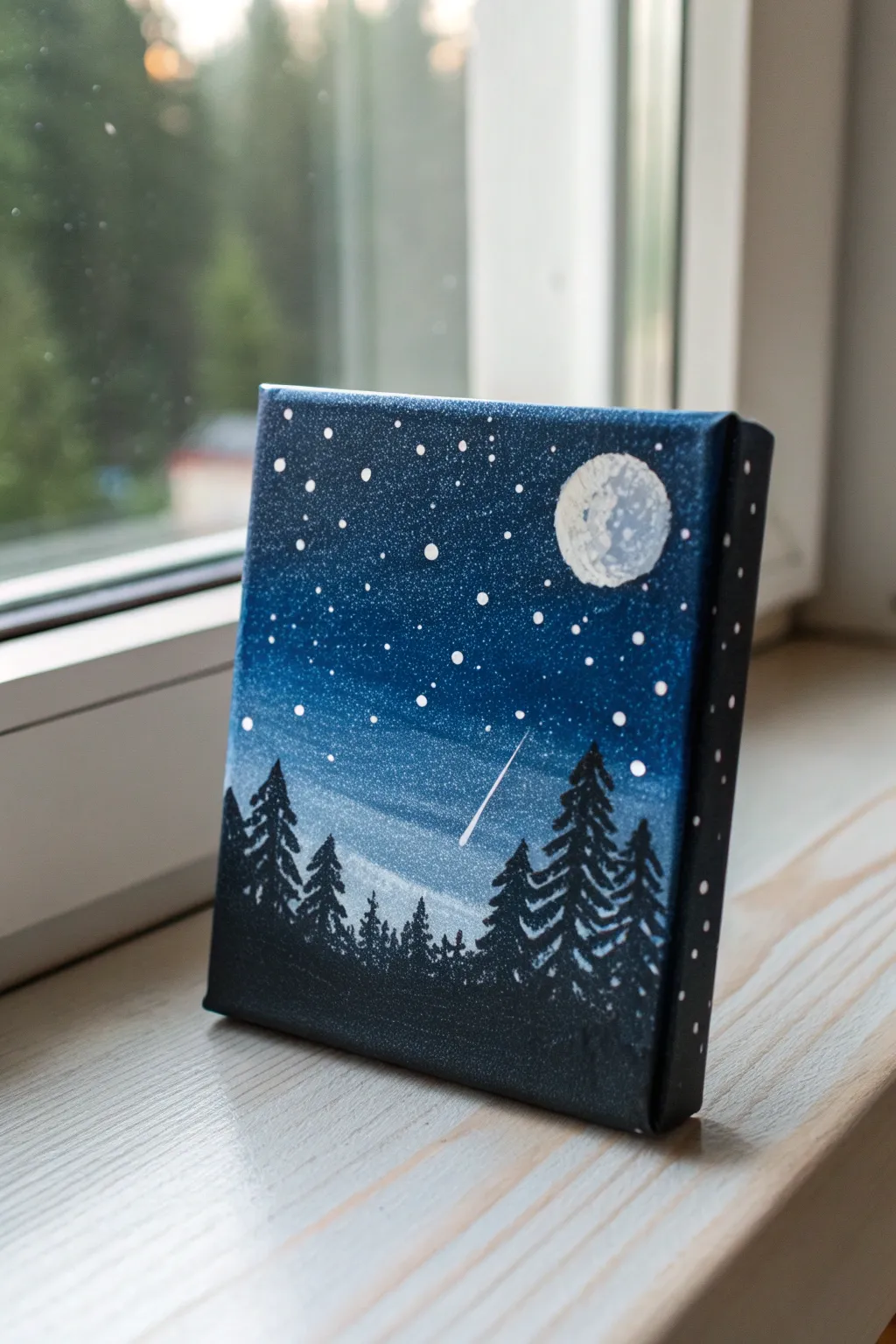 Starry mini acrylic night sky with splatter stars and a soft moon glow, simple and dreamy