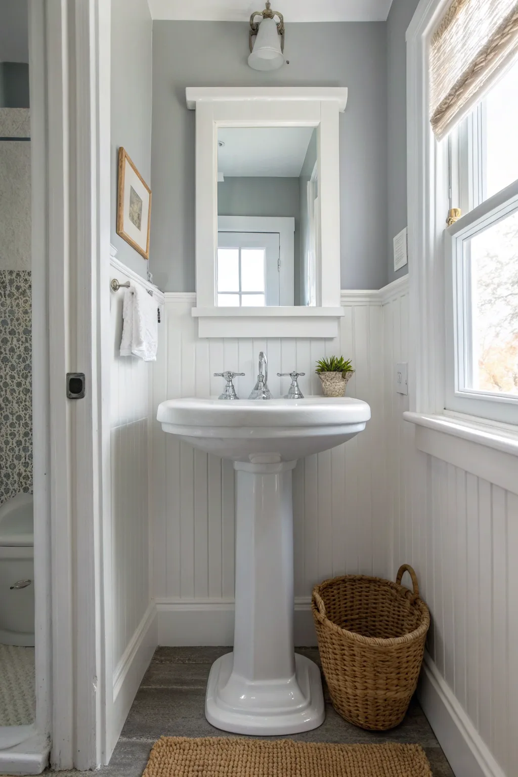 Pale gray walls with bright white trim create crisp contrast in a small, airy bathroom.