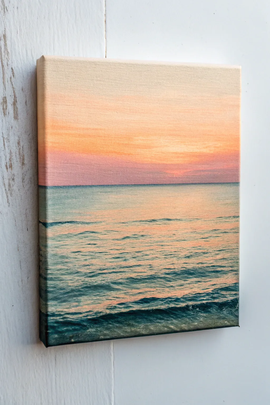 Mini ocean horizon on a small canvas, golden-hour glow with calm minimalist brushstrokes.