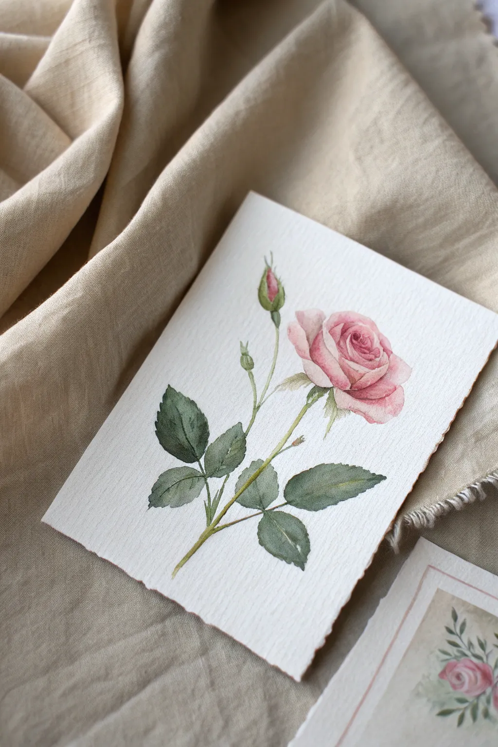 Tiny rosebud study in soft layers, centered on minimal linen for calm Scandinavian-boho contrast