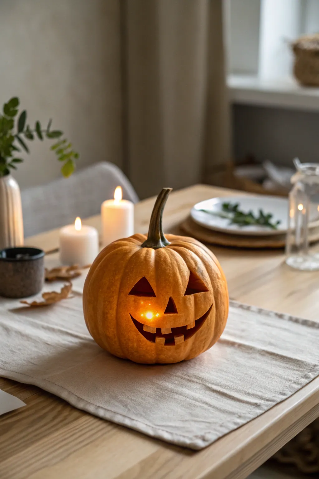 Tiny pumpkin with a goofy toothy grin, glowing softly for a playful minimalist autumn moment.