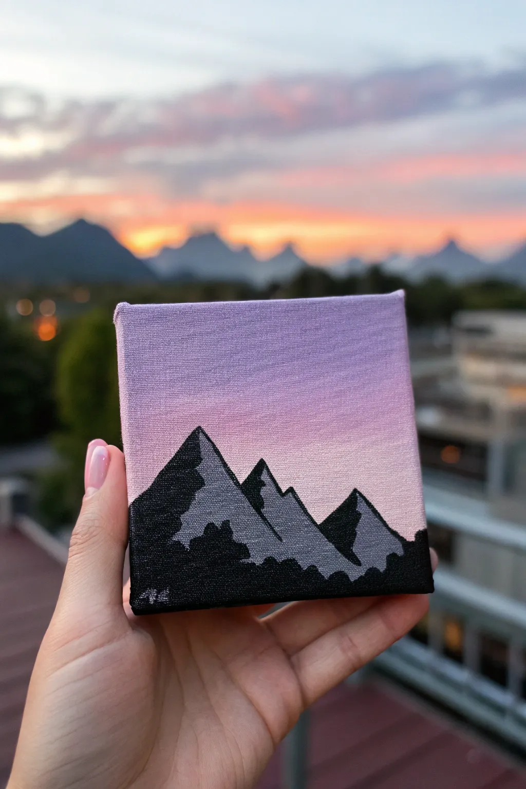 Small square canvas idea: a bold mountain silhouette against a dreamy pink-to-violet ombre sky