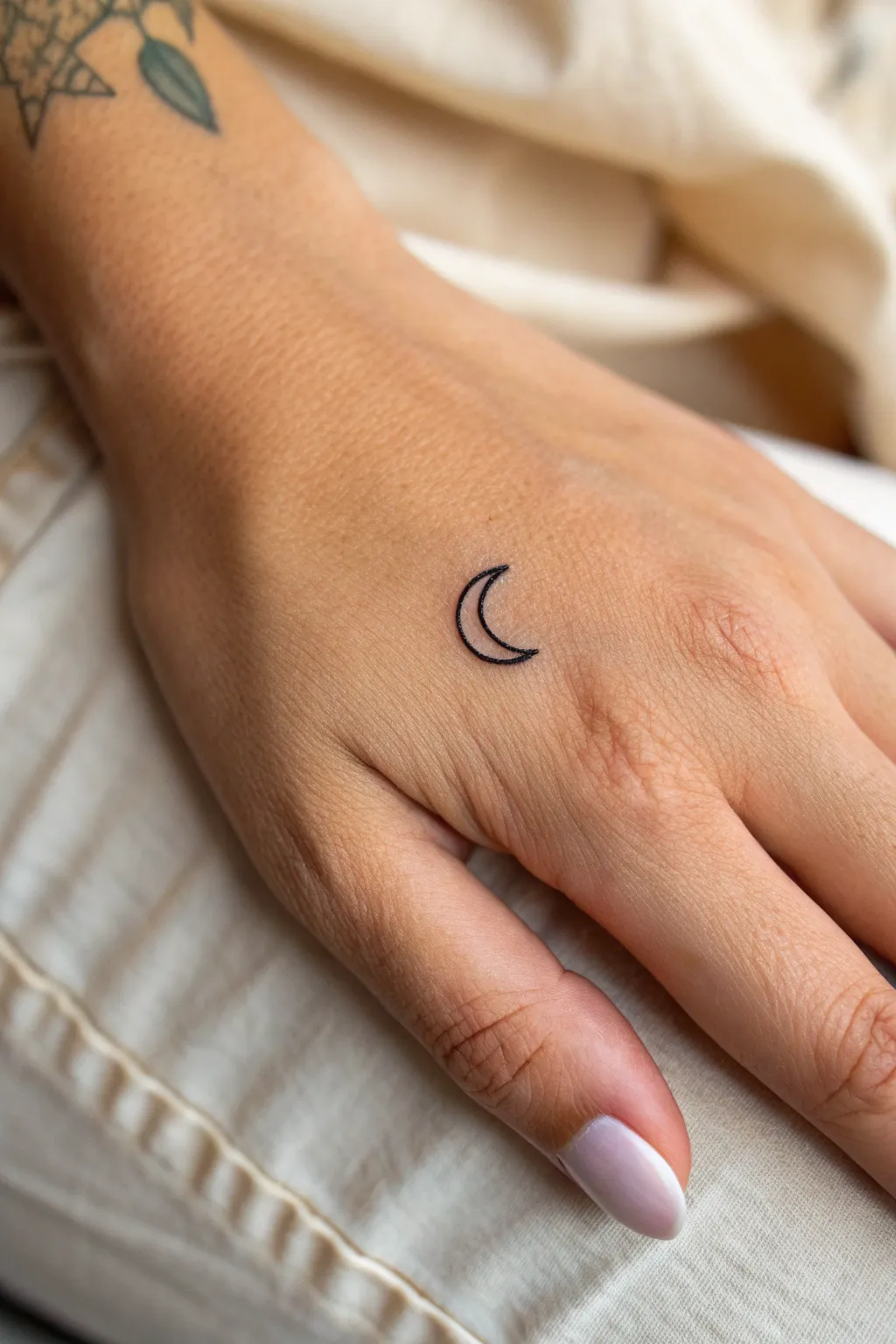 Tiny crescent moon finger tattoo in crisp fine-line ink, minimal, modern, and beautifully delicate