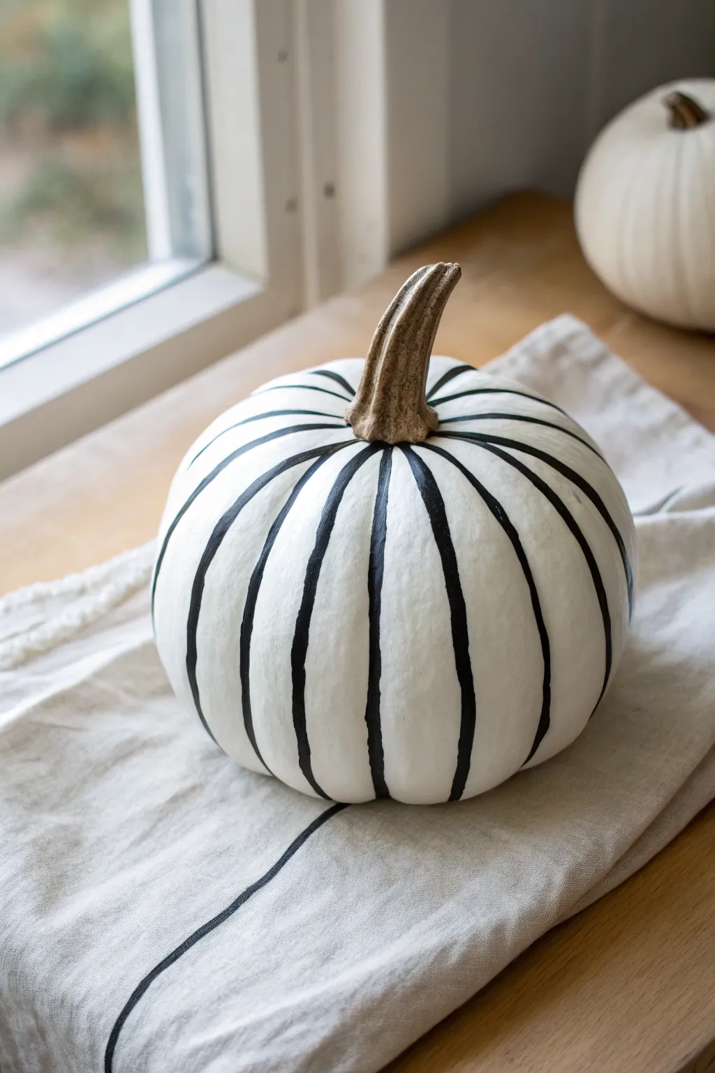 Bold black stripes transform a small white pumpkin into a chic minimalist fall accent.