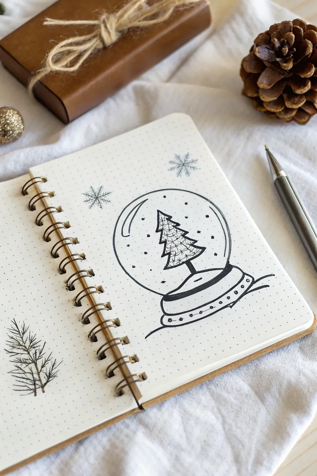 Easy cartoon snow globe doodle with bold lines and sparkly highlights for cozy winter sketches.