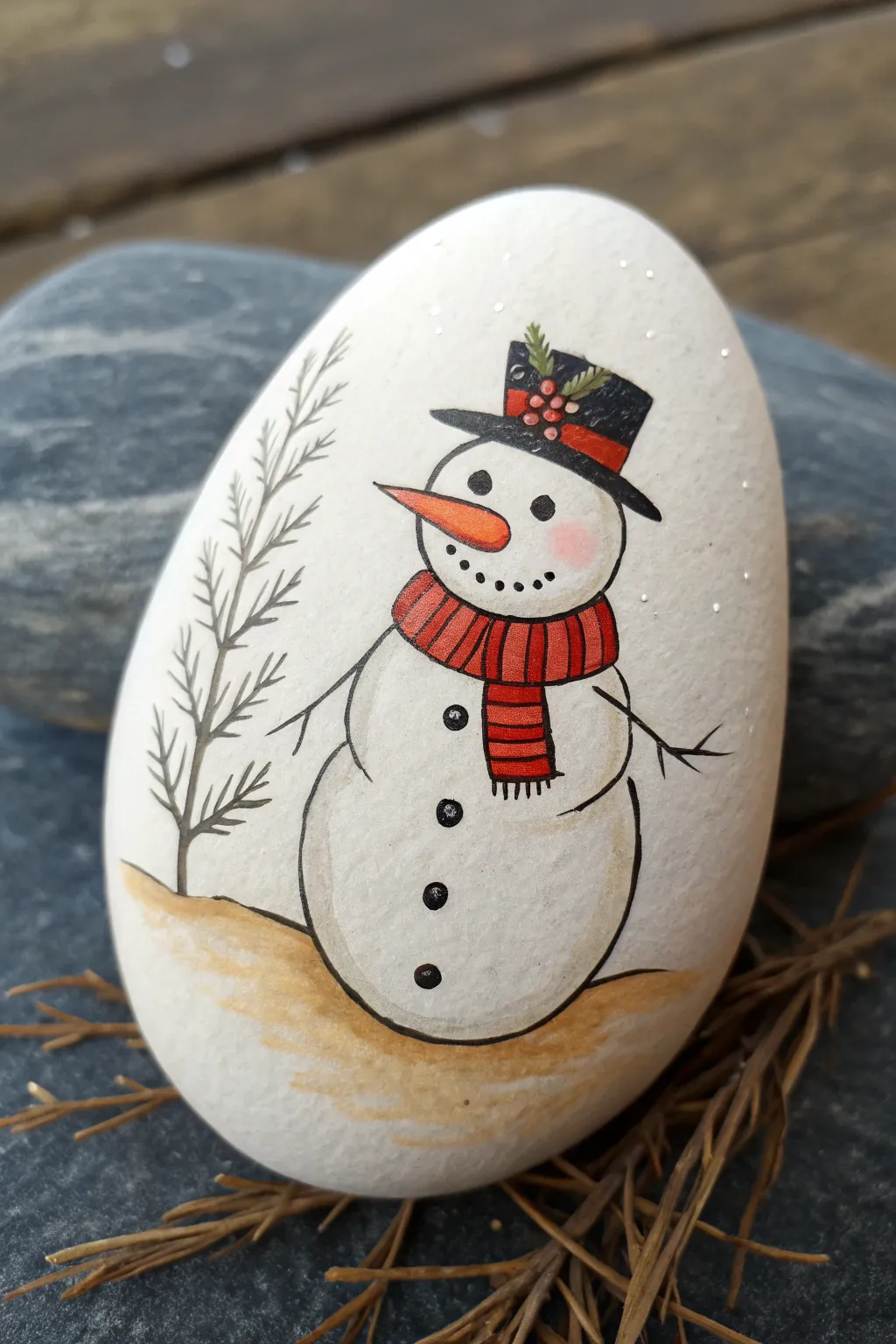 Side-profile snowman rock with a simple carrot nose angle, blush cheek, and cozy scarf.