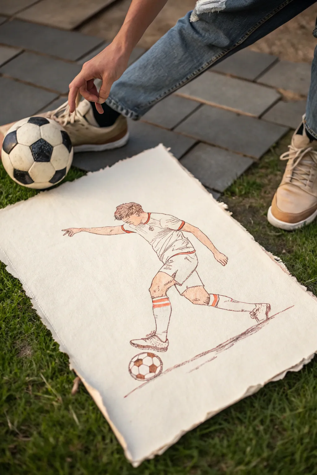 Player kicking the ball, drawn in crisp charcoal lines with soft boho watercolor on clean paper.