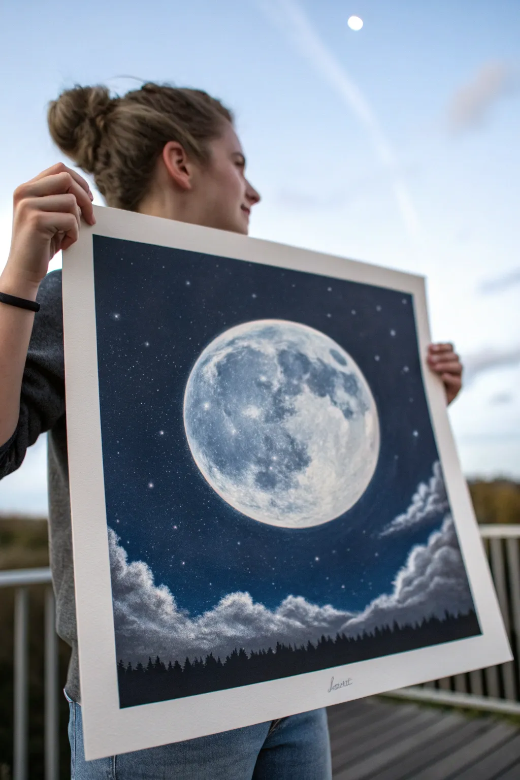 Soft pastel moon with a glowing halo on a deep night sky, minimalist boho and dreamy