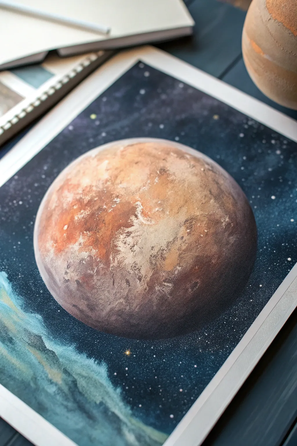 Textured planet close-up on a deep starry field for an easy minimalist boho solar painting
