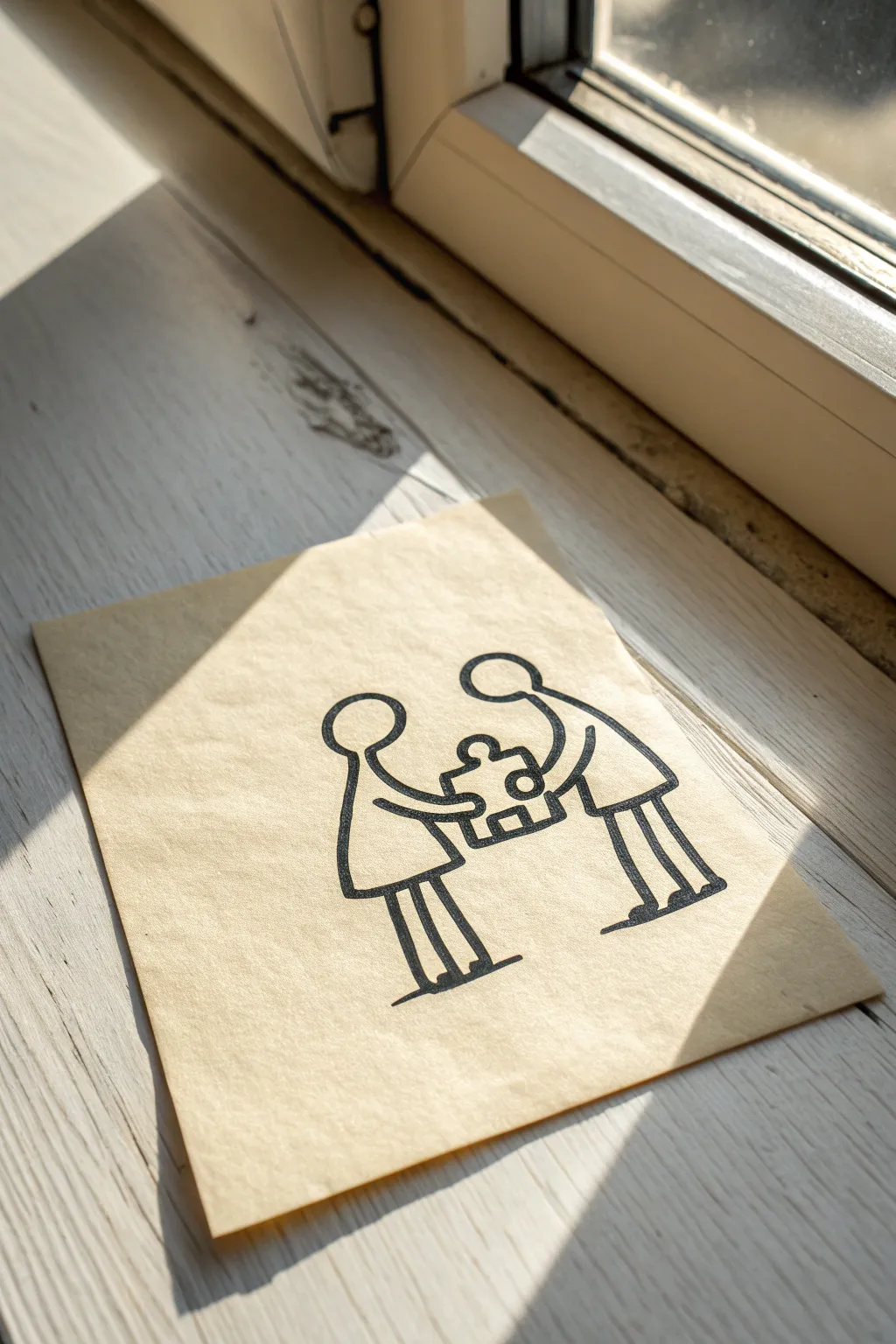 Puzzle-piece embrace soulmate sketch idea, minimal ink lines with soft Scandinavian calm.